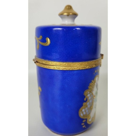 Vintage Limoges Main Hand Painted Blue Gold Floral Trinket Box Pillbox France - Picture 5 of 10